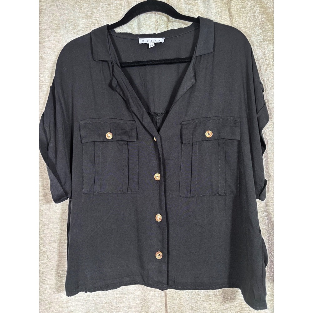 HYFVE Cropped Safari Short Sleeve Top Pockets Oversized Black Womens Sz‎ M